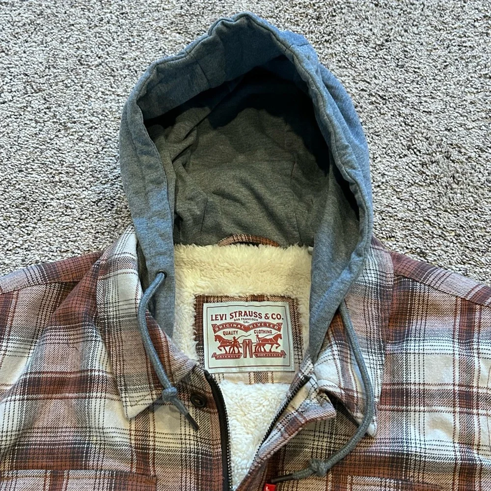 Levi's® Sherpa Lined Brown Ombre Plaid Shirt Jacket Jersey Hoodie Men’s L NEW - Picture 5 of 16